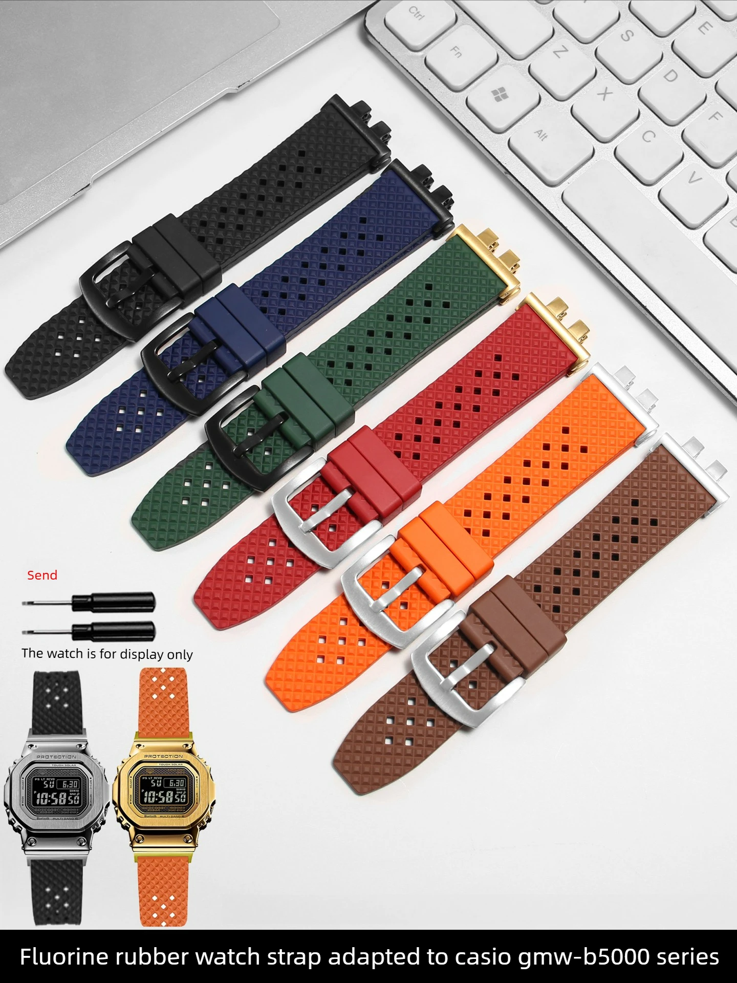 Suitable for Casio Small Gold and Silver Block GMW-B5000-1/2/4/6/9 Series Breathable Fluororubber Watch Strap Men