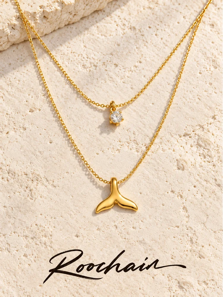 Roochain French-Style Double-Layered Small Gold Chain with 18K Gold-Plated Smooth Fish Tail Pendant and Single Sparkling Diamond, Gentle and Delicate Neck Jewelry Suitable for Young Women, Perfect for Evening Parties and Outings, a Fashionable Gift