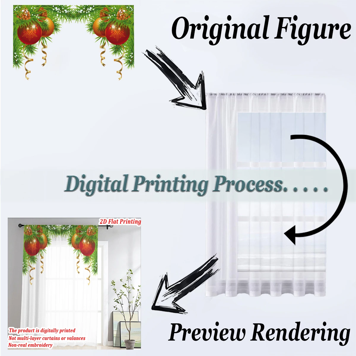 ستارة شفافة مطبوعة مسطحة لعيد الميلاد مع شريط فرع كرة الصنوبر لعيد الميلاد لغرفة المعيشة وغرفة النوم وحفلات العطلات #6