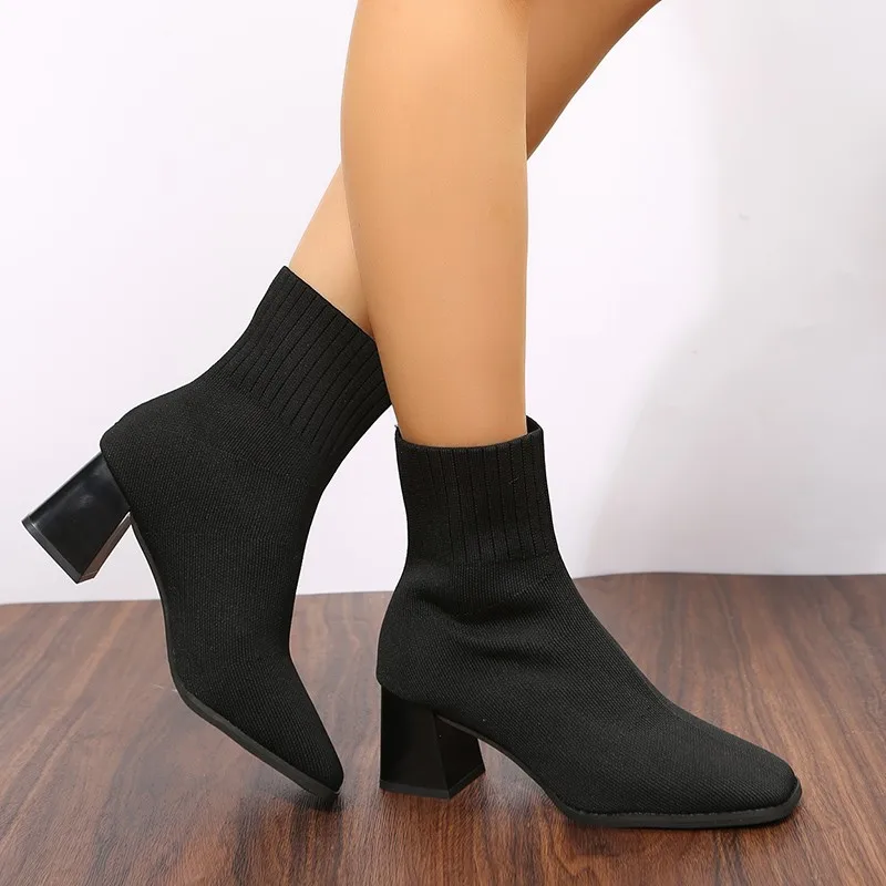 Women Elastic Knitted Socks Boots Woman Slip on Stretch Fabric Ankle Boots Autumn Fashion Square Toe Thick High Heels