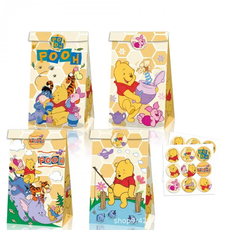 Pooh Bear Carton Candy Gift Box 12Pcs Anime Disney Kraft Paper Bag Sticker Portable Paper Box Child Party Paper Bag Wholesale