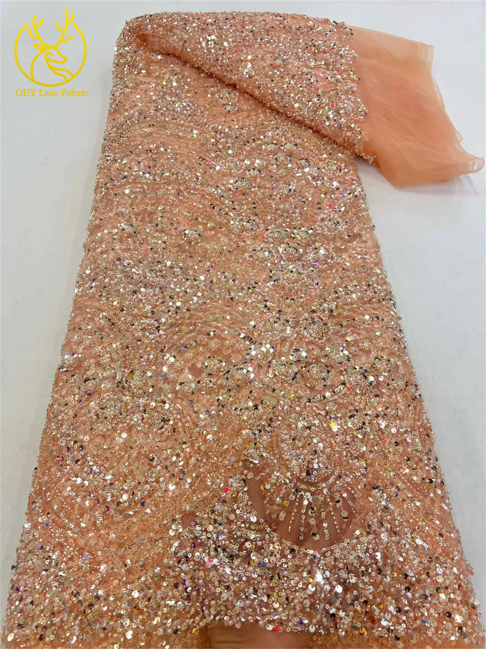2026 Luxuriöser Afrikanischer Bräutigam Stickerei-Perlen-Spitzenstoff Hochwertiger Französischer Pailletten-Spitzenstoff für Brautkleid-Material – Detail 9
