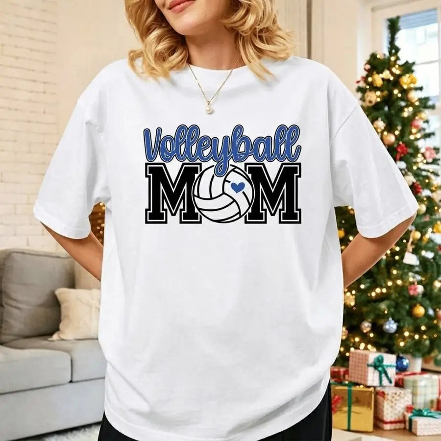 Women Volleyball Mom Graphic T-Shirt, Blue Script Letter Heart Volleyball Ball Print Short Sleeve Casual Back To School Sports Mom Daily Top
