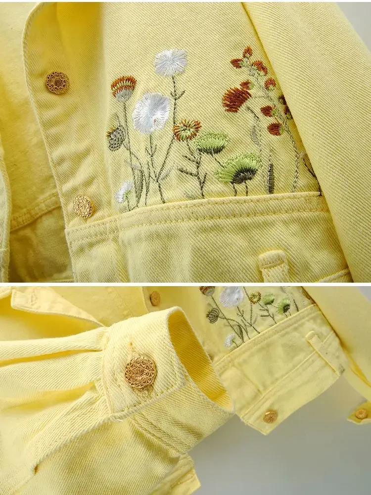 Lente nieuwe dames Franse gele geborduurde denim jas met lange mouwen Hoogwaardige mode casual vrouwelijke korte jas