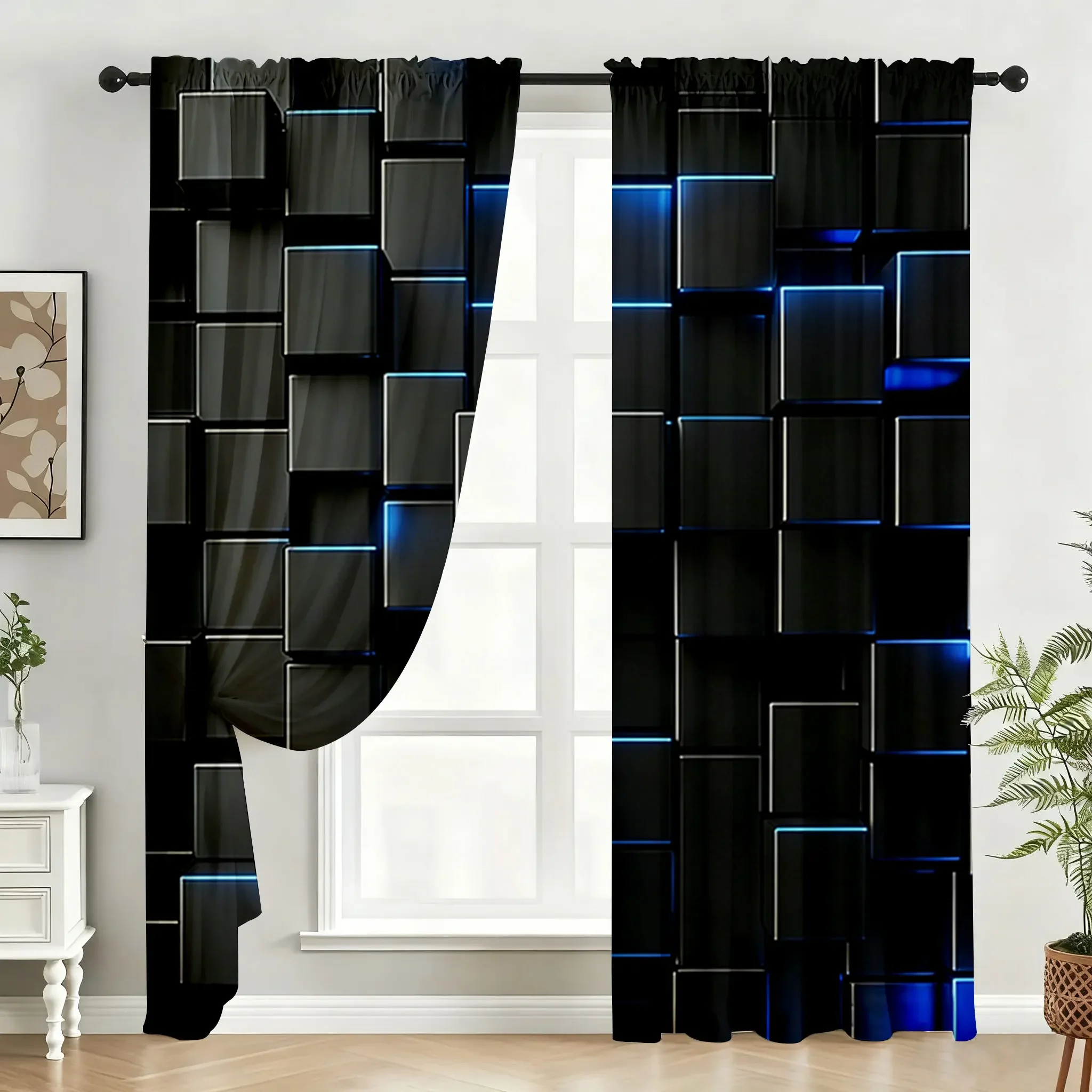Modern Black Geometric LED Light Panel Curtain for Home Decor Window Treatment Curtain Panel