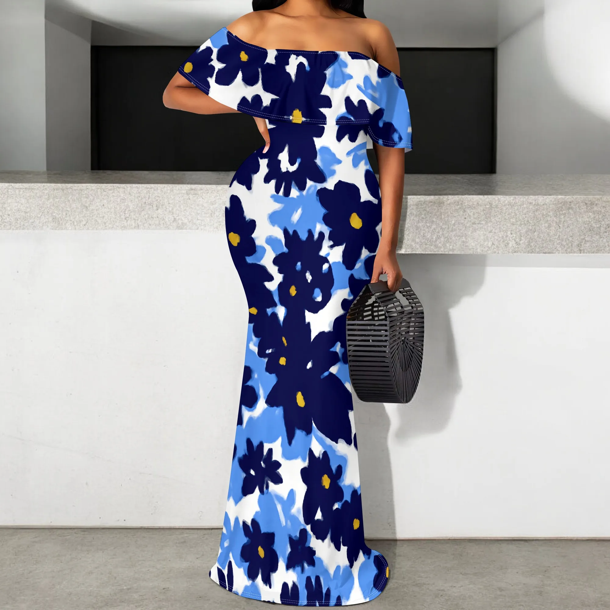 

Blue Floral Off-Shoulder Maxi Dress S-3XL Ruffle Sleeve for Garden Party, Summer Wedding or Vacation Look