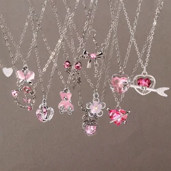 Aihua New Fashion Trendy Y2k Crystal Pink Zircon Heart Pendant Necklace For Women Girl Sweet Bowknot Necklace Party Jewelry