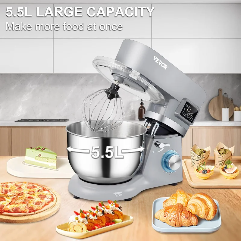 خلاط حامل VEVOR، خلاط عجين مع 6 سرعات توقيت شاشة LCD، خلاط طعام مع وعاء من الفولاذ المقاوم للصدأ سعة 5.8 لتر، غطاء مقاوم للرذاذ، رمادي