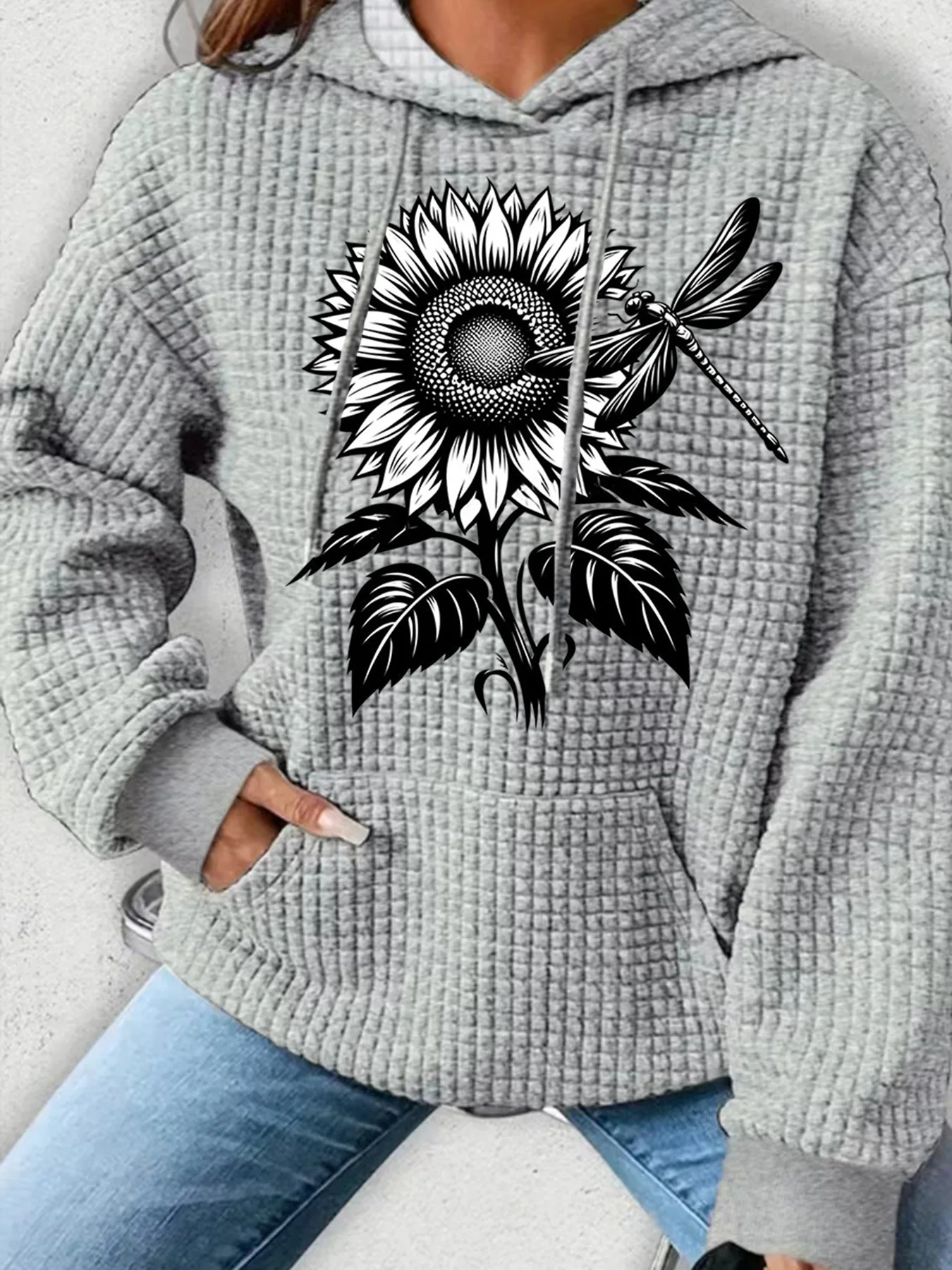 

Plus Size Women Clothing Waffle Knit Tops For Women Sunflower Dragonfly Print Oversize Hoodies for Women With Pocket Sweatshirt