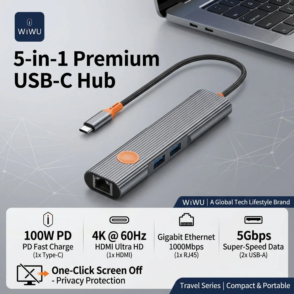 WiWU 5‑in‑1 USB‑C Hub Docking Station 4K@60Hz HDMI 100W PD Charging Gigabit Ethernet RJ45 5Gbps USB‑A Adapter For Laptop PC