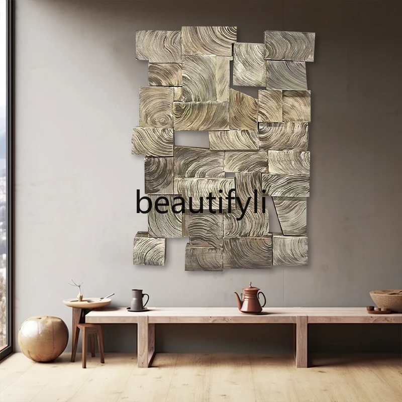 Wabi-Sabi Style Living Room Background Wall Decorative Painting Modern Entrance Wood Block Real Painting