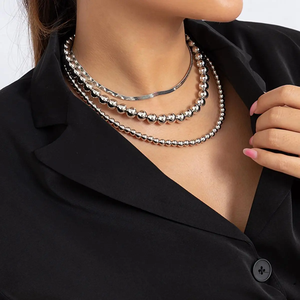 쿨한 힙합 플랫 스네이크 본 네크리스 여성용 빈티지 펑크 스타일 비즈 체인 네크리스 크로스보더 주얼리 액세서리