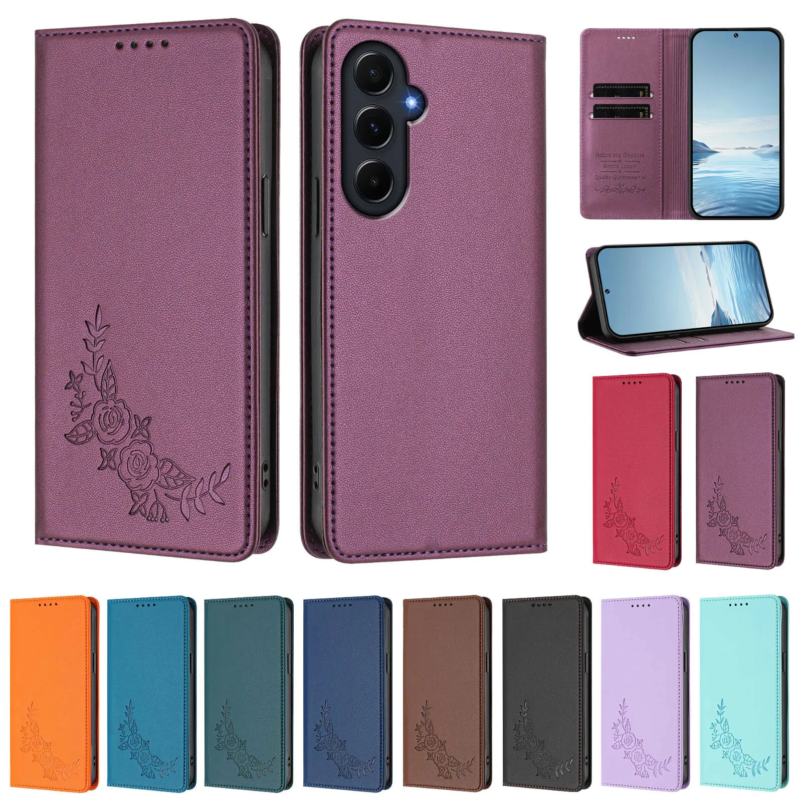 Magnetic Wallet Flip Leather Case For Samsung Galaxy A55 A35 A25 A15 A05 A05S A54 A34 A24 A14 A04 A04S Flower Pattern Back Cover