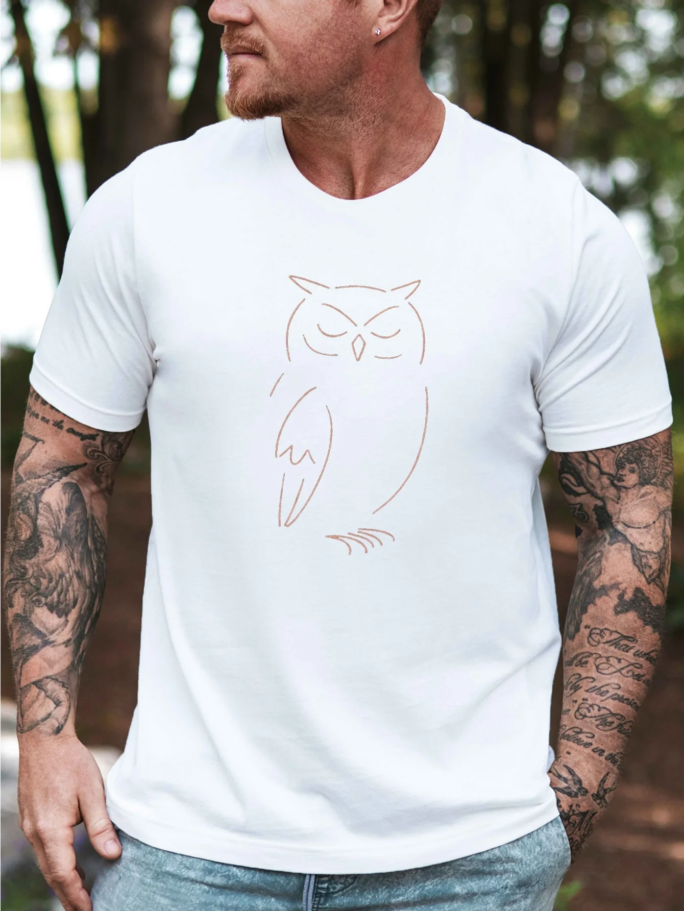 Men's Casual Short-Sleeved T-Shirt with Owl Silhouette Print - Breathable, Slightly Stretchy Knit Fabric, Standard Fit for Summer Outdoor Activities, Comfortable for Everyday Wear, Simple Design, Machine Washable Shirt