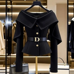 Black Short Jacket for Women Small Fragrance Letter Belt Coat High End Design Turn Down Collar Tops Autumn Winter