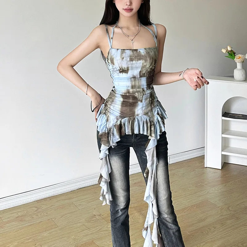 Summer New Women's Fashion Spicy Girl Hanging Neck Backless Tight Tie Dyed Irregular Strap Top for Women