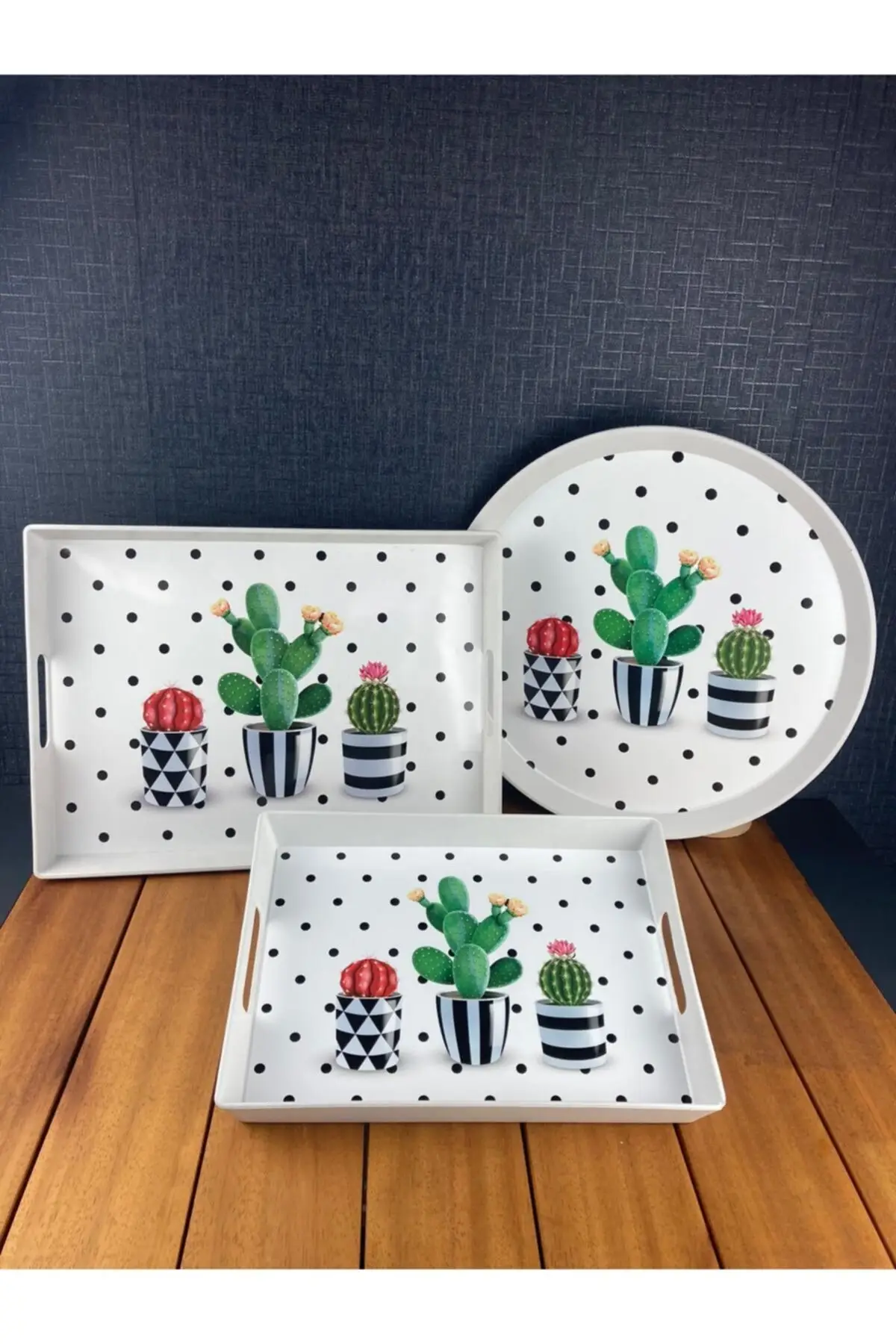 

3 pcs cactus patterned 3 pcs tray tray set round rectangular tray set Tea coffee serving tray set Tea coffee serving tray