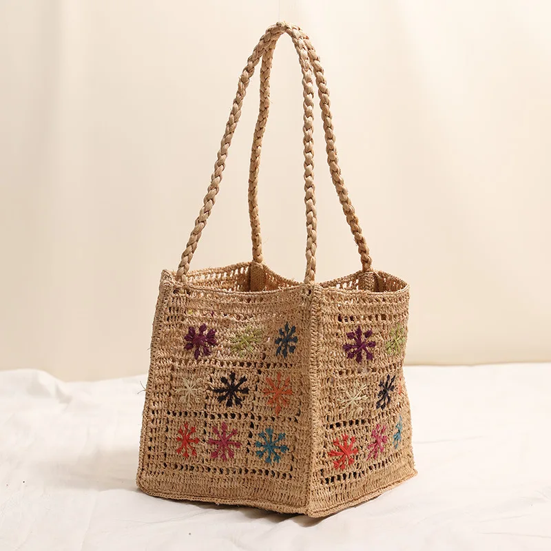 

Богемская соломенная сумка с цветочным узором, летняя пляжная сумка из рафии для женщин, сумка через плечо, ручная работа, плетеная сумка из ротанга в стиле Бали, сумка-тоут для путешествий