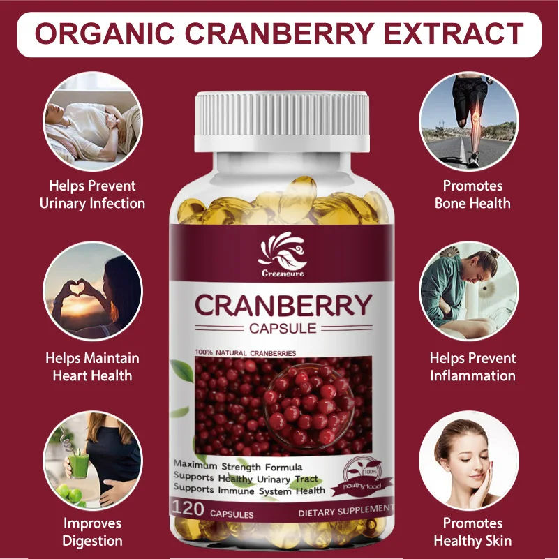 60/120pcs Cranberry Extract Supports Urinary System Health Bladder Health Potent Antioxidant Rich Vitam C Capsule Supplement