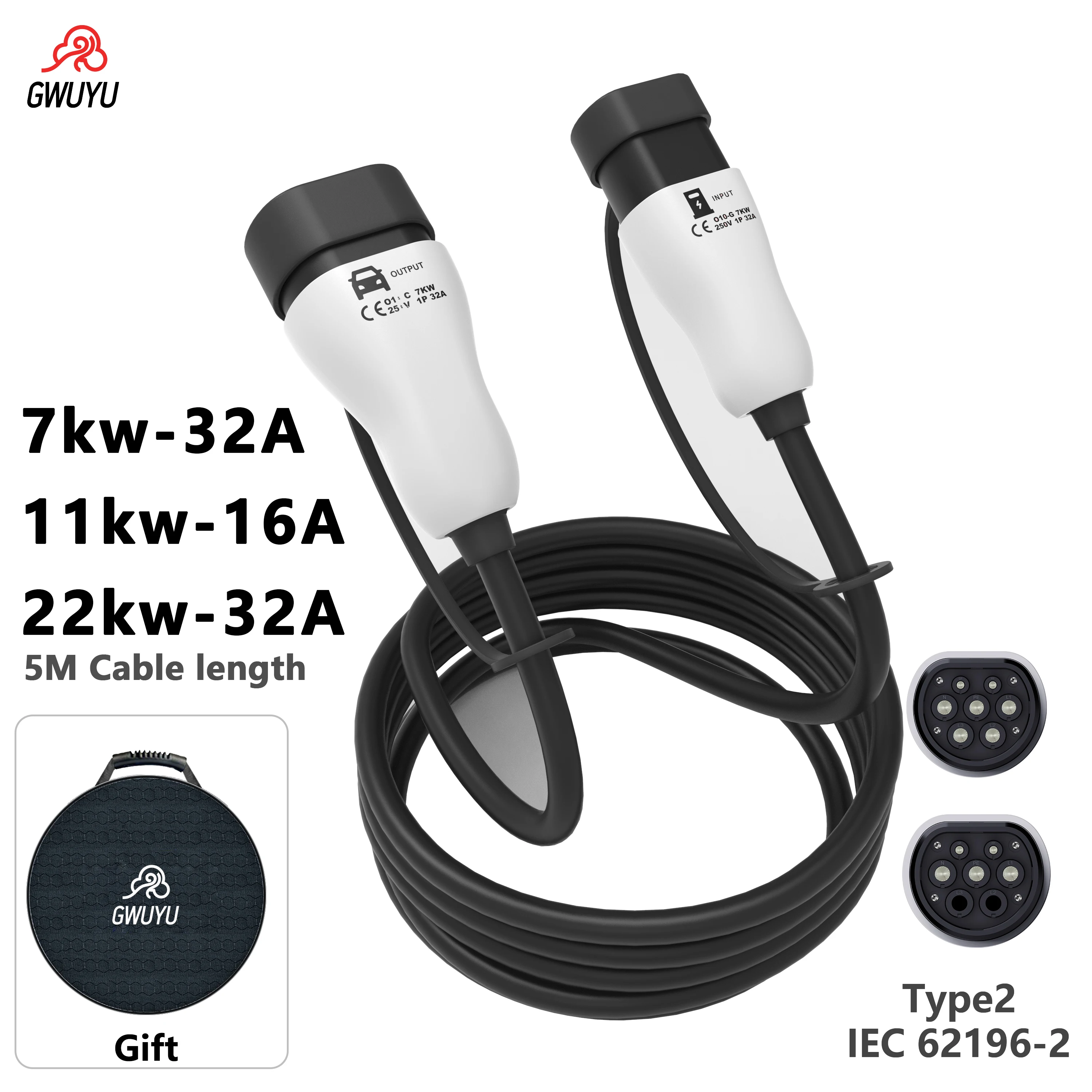 

GWUYU IP65 Waterproof EU Dual Charging Gun Wallbox 3.5KW 7KW 11KW 22KW IEC62196 Type2 EV Charger for Home Commercial Use