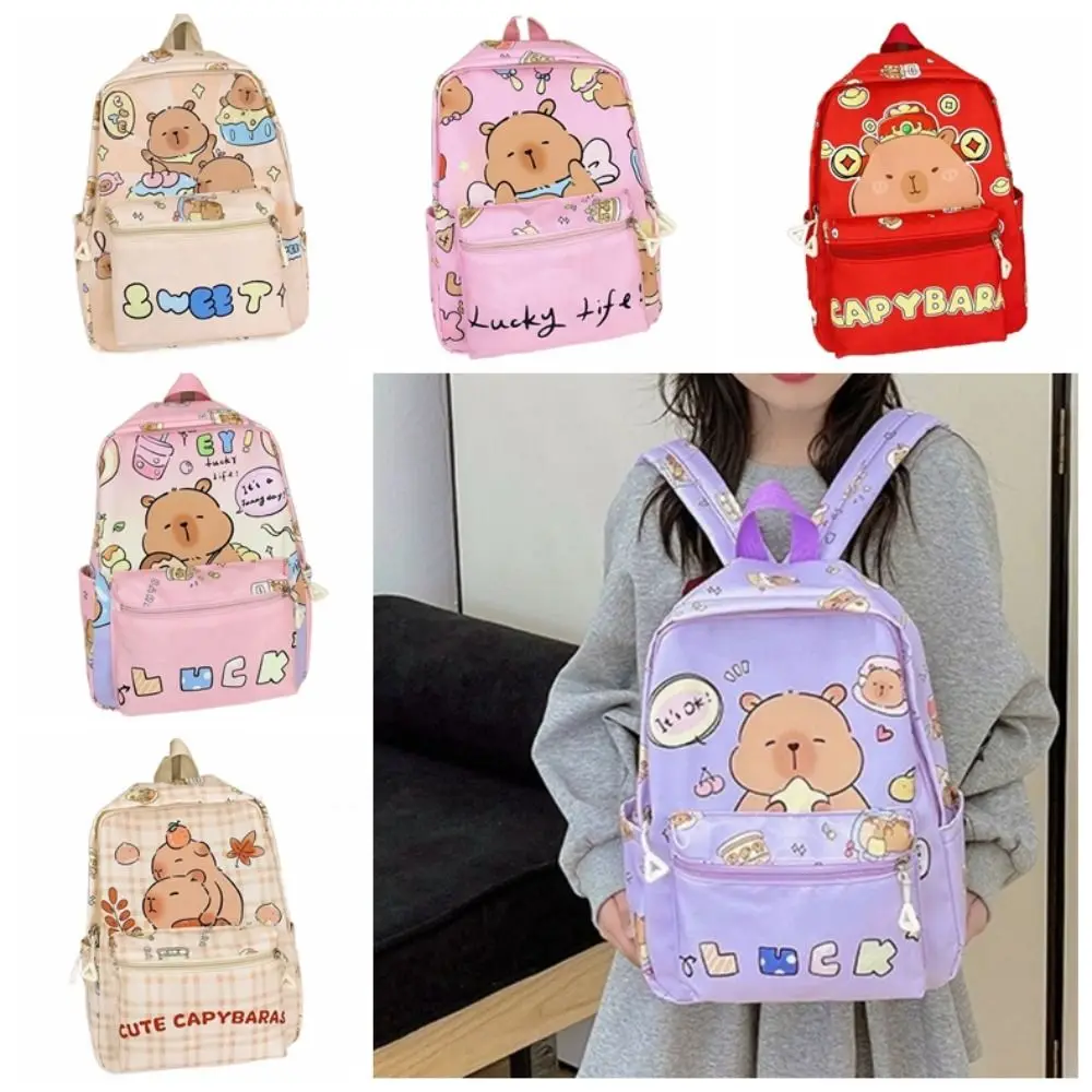 

Thickened Capybara Backpack Wide Straps Nylon Cartoon Animal Daypack Large Capacity Multi Functional Children School Bag Gifts