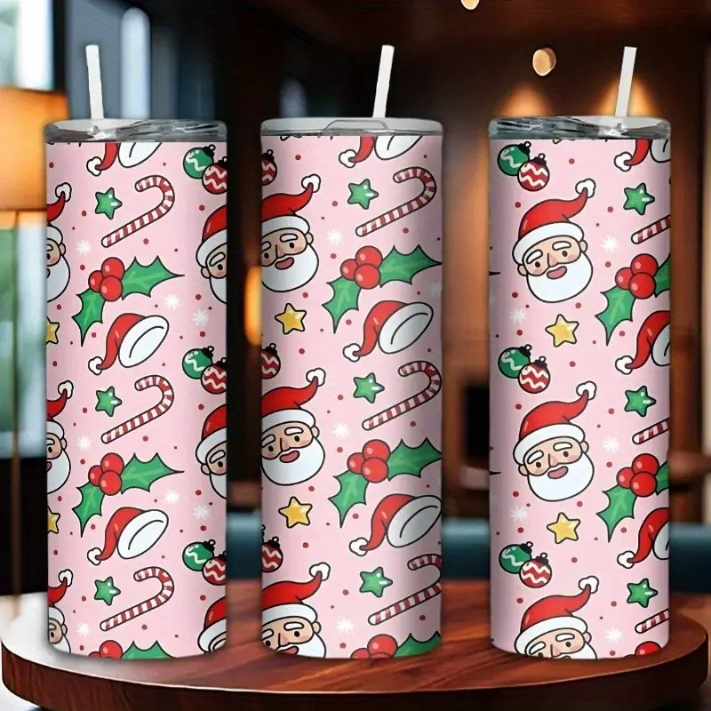 1pc 20oz Insulated Stainless Steel Tumbler with Lid & Straw - Christmas Santa Claus & Candy Cane Design Double-Wall Vacuum Insulation, Leakproof Spill-Proof Travel Mug with Non-Slip Grip, Reusable Coffee Cup for Hot/Cold Drinks, Holiday Gift
