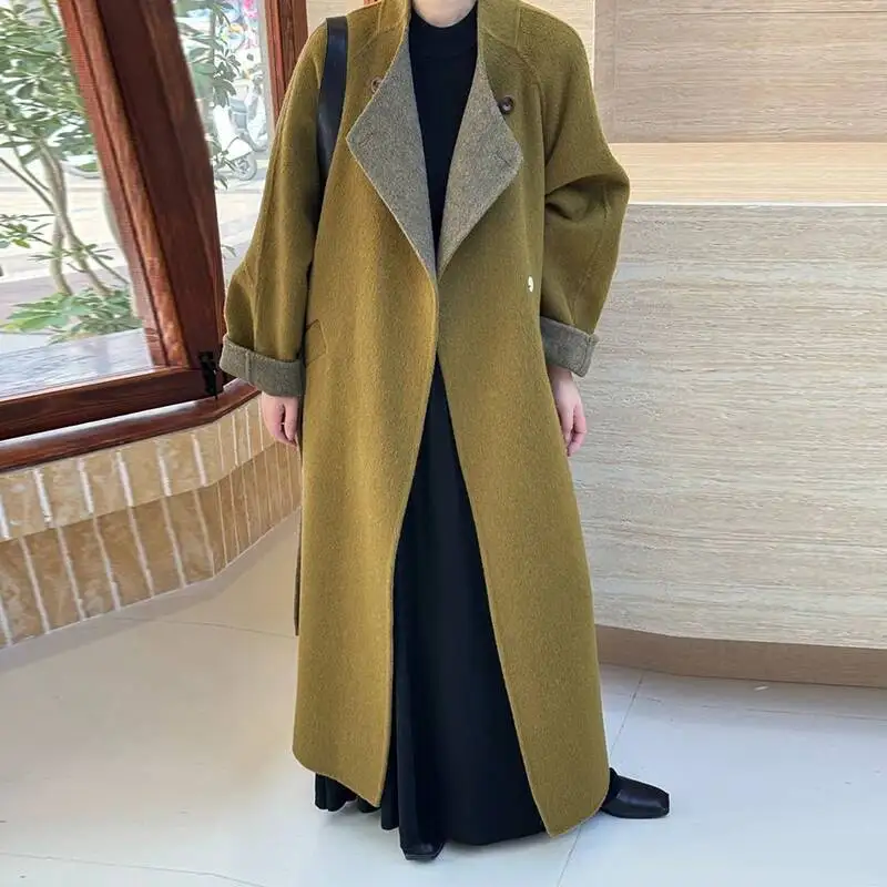 FANAN Elegant High-End Korean Style Women's Double-faced Woolen Coat 2025 New Two Tone Design Autumn Winter Overcoat Thick Warm