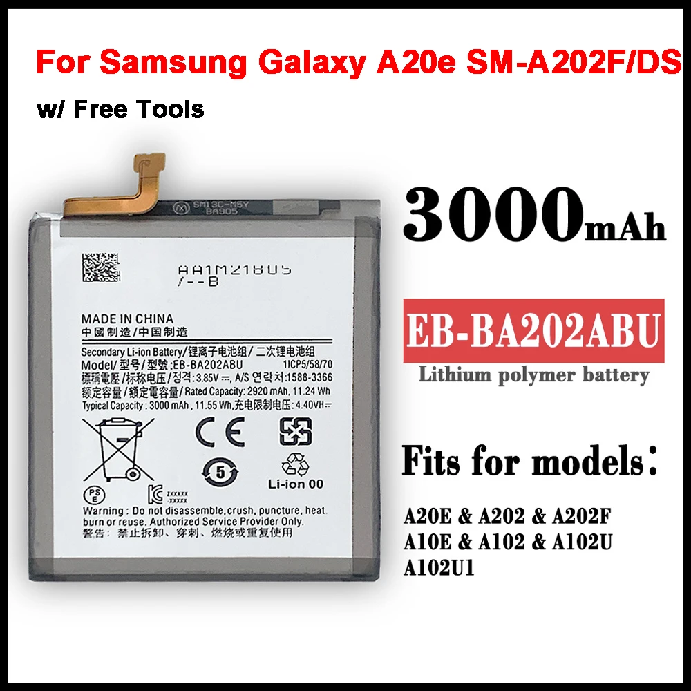 

Аккумулятор EB-BA202ABU для Samsung Galaxy A20e SM-A202F/DS SM-A202F 2920/3000 мАч, литий-полимерный аккумулятор полной емкости + инструменты