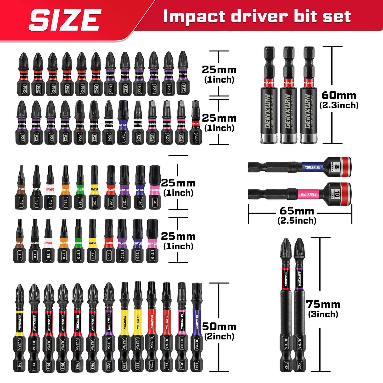 Geinxurn Impact Driver Bit Set with Nut Driver & Double Lock Impact Bit Holder, S2 Alloy Steel for DIY