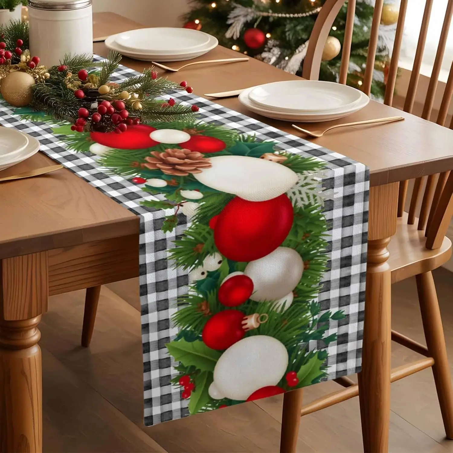 Christmas Pine Needle Xmas Balls Buffalo Plaid Table Runner Party Decor Winter Kitchen Dining Table Runner Christmas Decorations