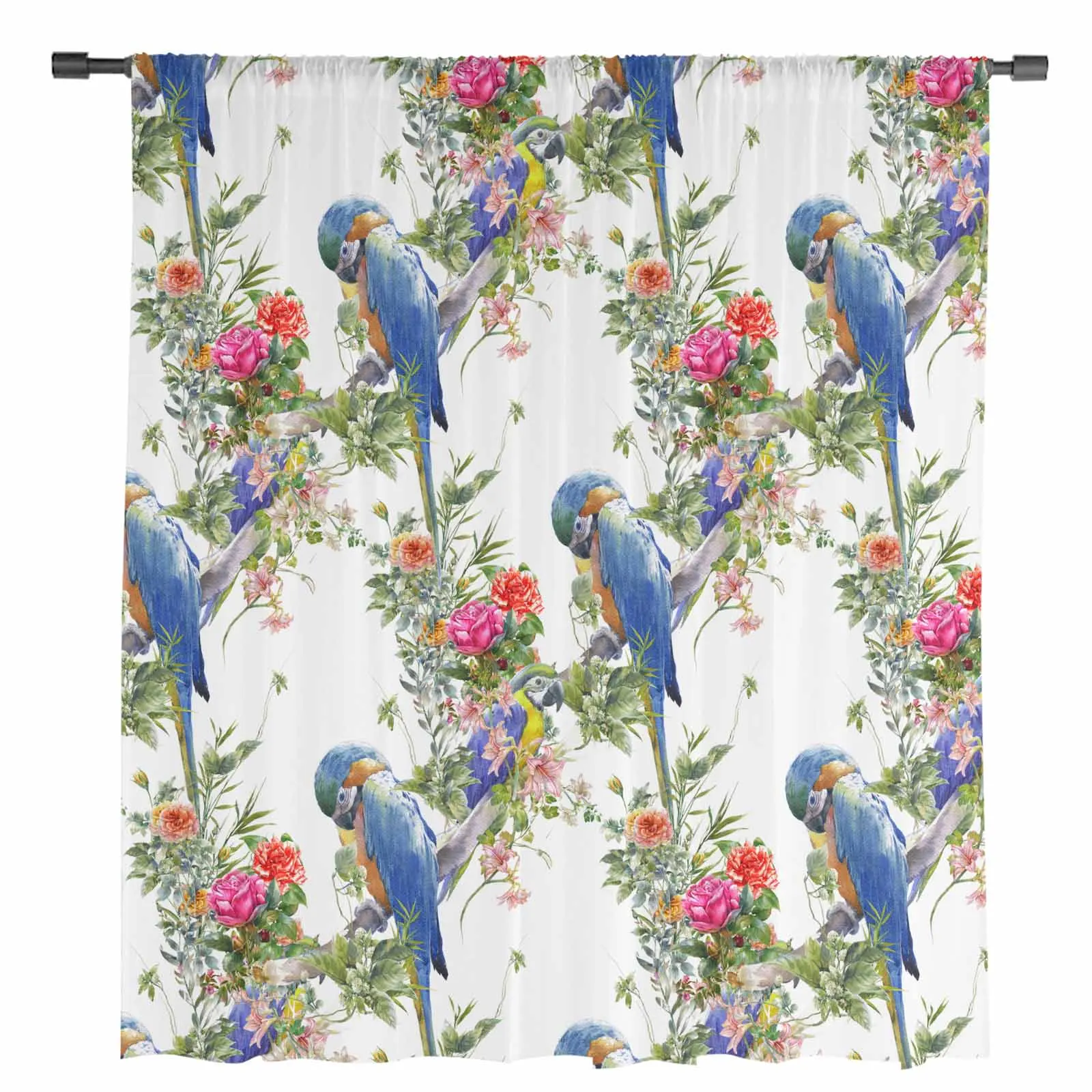 Watercolor Flower Parrot Retro Tulle Curtains for Living Room Bedroom Modern Chiffon Sheer Voile Kitchen Window Curtain