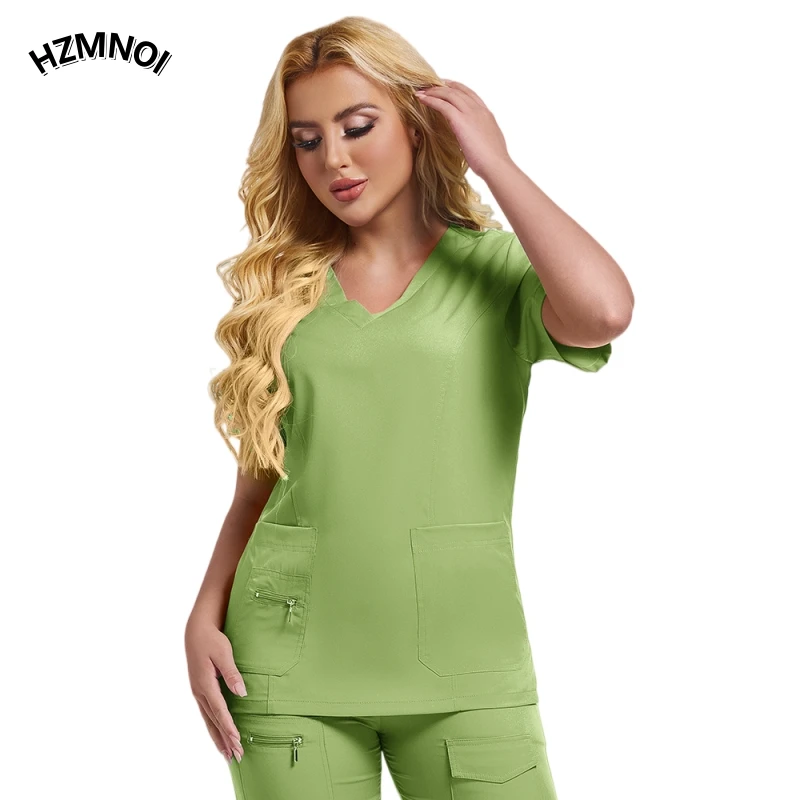 Summer Size S-XXL Pet Hospital Elastic Short-Sleeved Handwashing Clothes V-neck Beauty Salon Postpartum Club Nurse Work Uniform