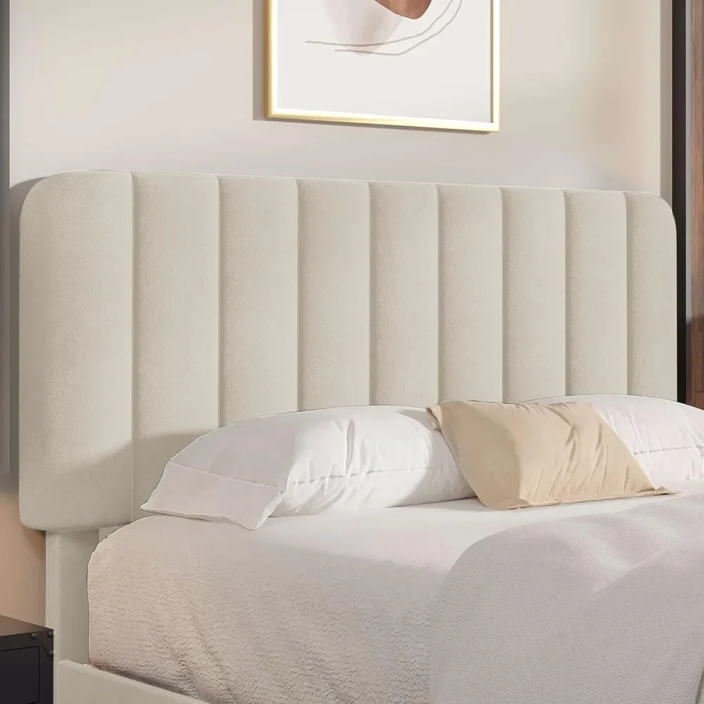 إطار سرير بحجم كوين مع لوح رأسي منجد، كريم أساس مرتبة بإطار سرير، دعم شريحة خشبية قوية، لا حاجة إلى صندوق زنبركي