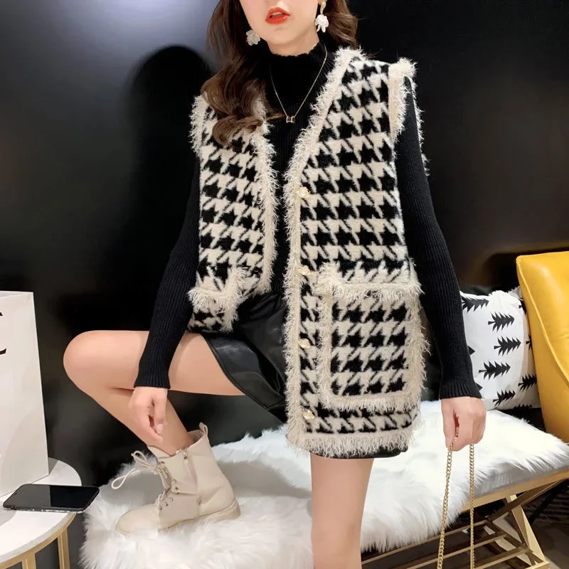 Faux Mink Fur Houndstooth Knitted Vest Women Autumn Winter Korean Japanese Style Loose Plaid Sleeveless Jacket Fashion Waistcoat