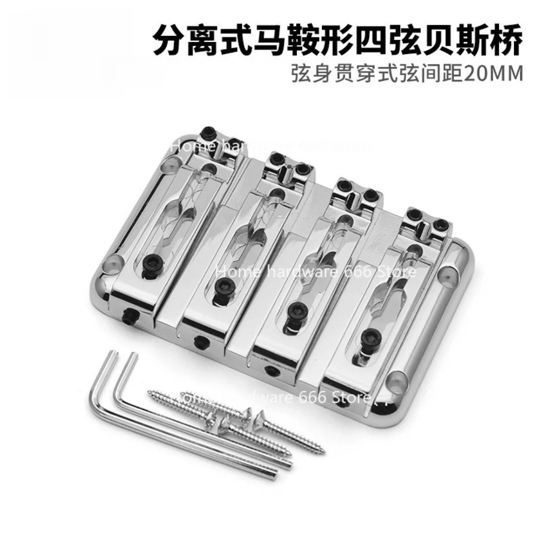 Electric Bass Split Bridge 4-string Bass Bridge 90x60 Mm, Piercing Design, String Pitch 20 Mm