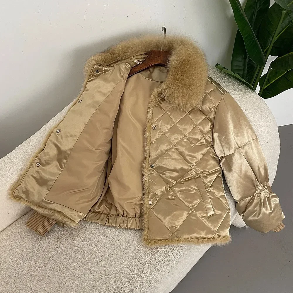 Down Jacket Women Autumn Winter New Fox Fur Large Fur Collar Mink Fur Puffer Jacket Short Casual 90 White Duck Down Coat Warm