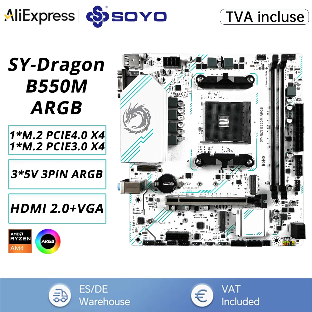 SOYO AMD B550M carte mère de jeu USB3.0 M.2 Nvme Sata3 prend en charge le processeur R5 3600 (prise AM4 et processeur R5 5500 5600G) ARGB