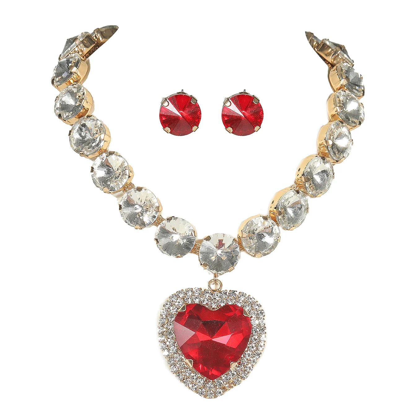 Chargances Big Heart Crystal Pendant Choker Red Statement Rhinestone Necklace Short Dainty Jewerly sets for Women and Girls