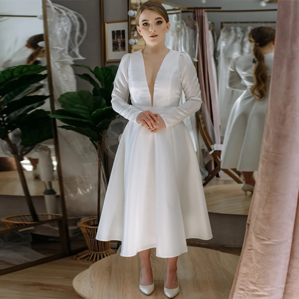 

Classic Midi Wedding Dress White Satin Ruched Wedding Party Dresses A-line V-neck Bespoke Occasion Gown 2024