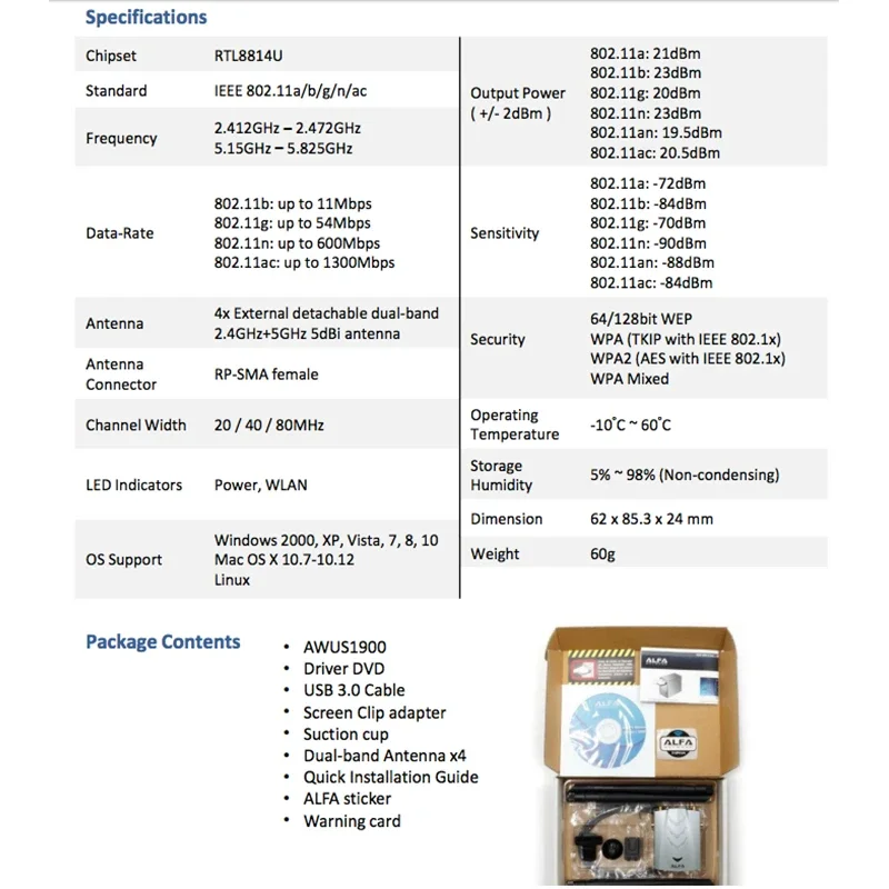 ALFA AWUS1900 Uses RT8814U Chipset Dual-band 2.4\\5G High-power Wireless Network Card For Kali Linux Netscout AirMagnet