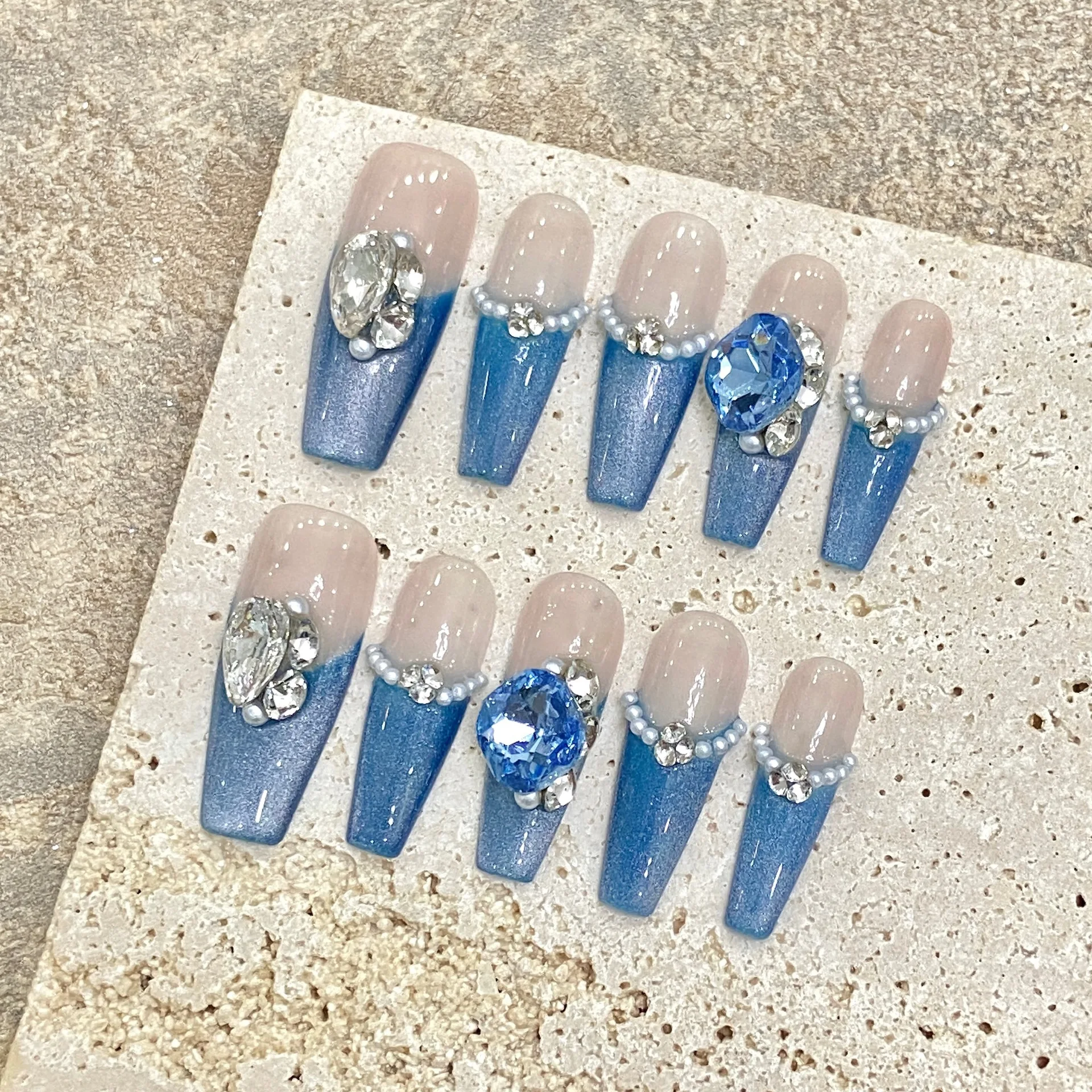 10Pcs Handmade Press on Nails Long Ballet Blue Cat Eye French Fake Nails with Rhinestone Design False Nails Full Cover Nail Tips