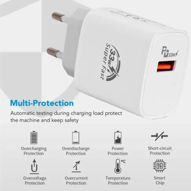 33W USB Quick Charging Adapter 7A Type C Cable Mobile Phone Wall Chargers for Samsung Xiaomi OPPO EU/US/UK Plug Fast Charger - náhled 2