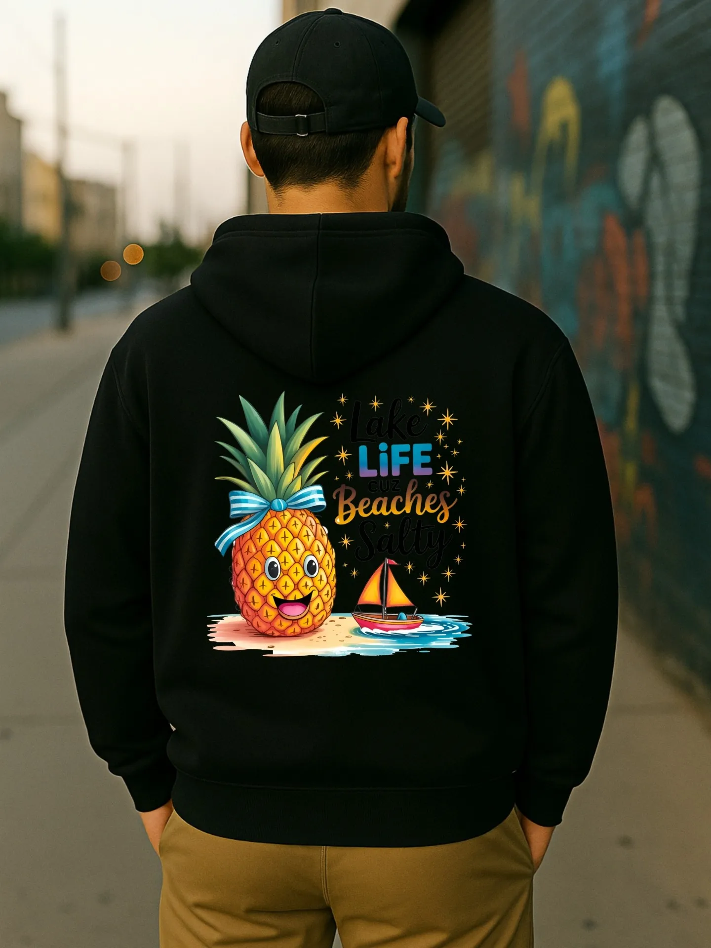 Men’s Graphic Hoodie, Casual Style with Cartoon Pineapple Print, Soft Fabric, Vacation Outfits for Men