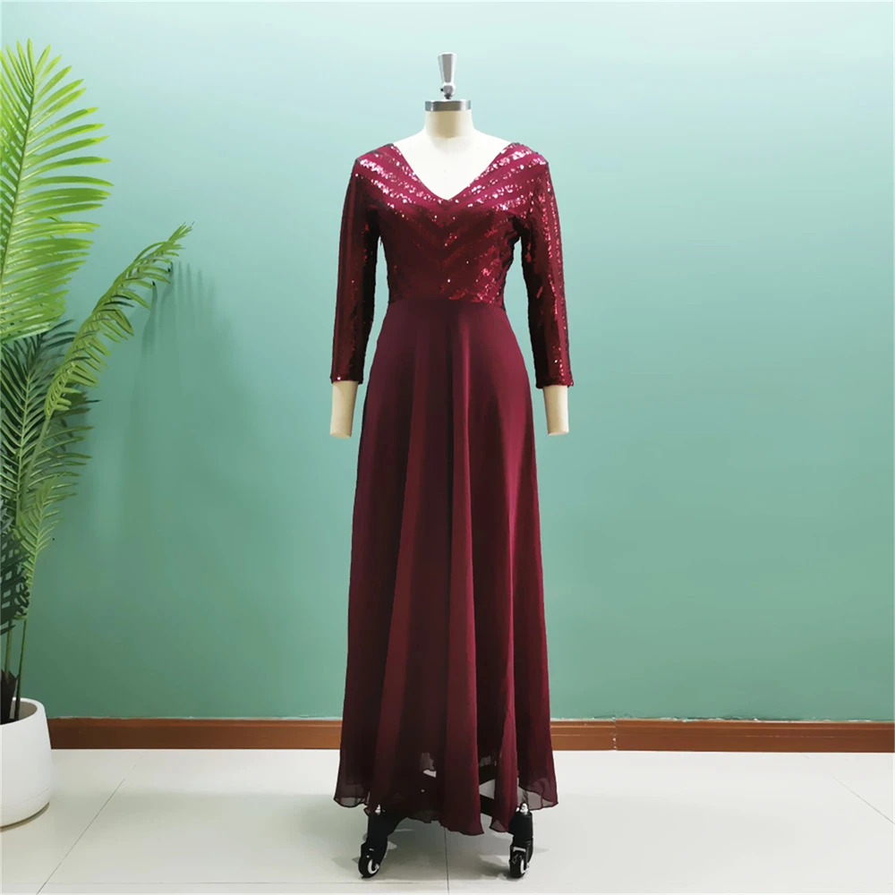 

Graceful Long Burgundy Evening Dress 3/4 Sleeves A Line Sequined Top A Line Women Formal Occasion Gowns For Prom Party Wholesale