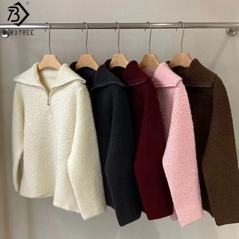 

Birdtree 100% Sheep Wool Solid Color Coat,Woman Knit Lapel Long Sleeve Loose Zip Jacket Hoodie,2025 Autumn Winter T58330JF