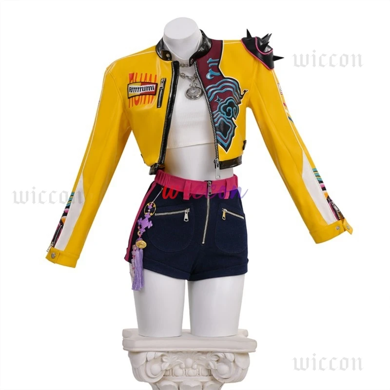 Anime Demon Hunters Rumi Cosplay Costume Wig Yellow Coat Shorts Full Set Huntrix Halloween Carnival Party Suit For Women