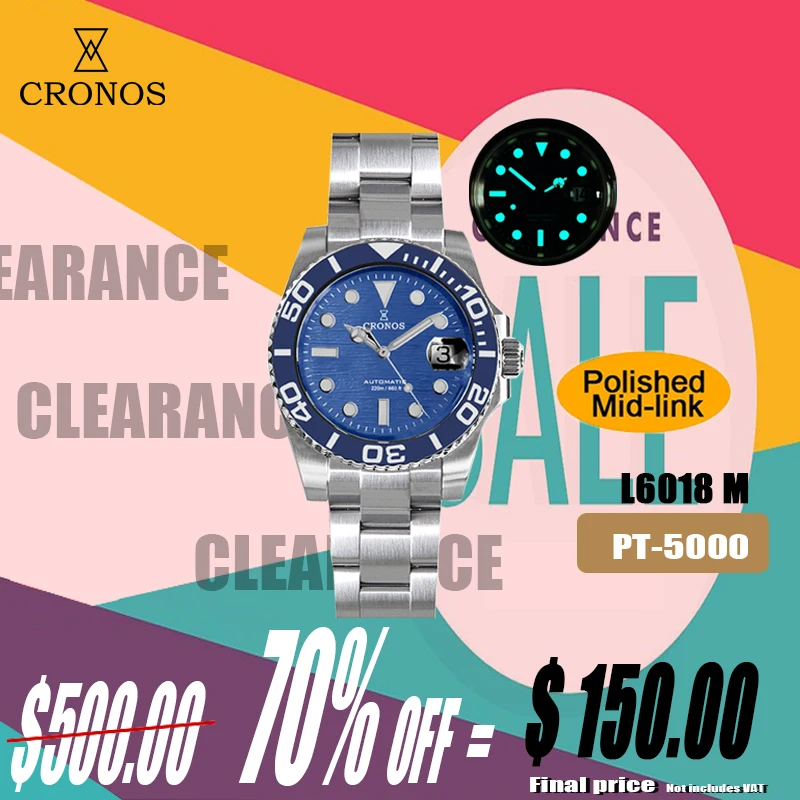 Cronos Sub Diver Men Watch Stainless Steel PT5000 Full Brushed Bracelet Ceramic Bezel 200 meters Water Resistant L6018 M