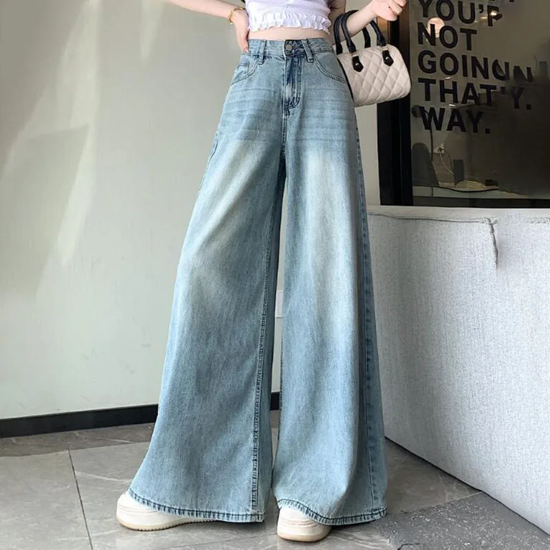 

Свободные широкие джинсы, женские весенне-летние 2023, новые тонкие утягивающие брюки с высокой талией, свободные универсальные шикарные джинсовые прямые брюки в пол