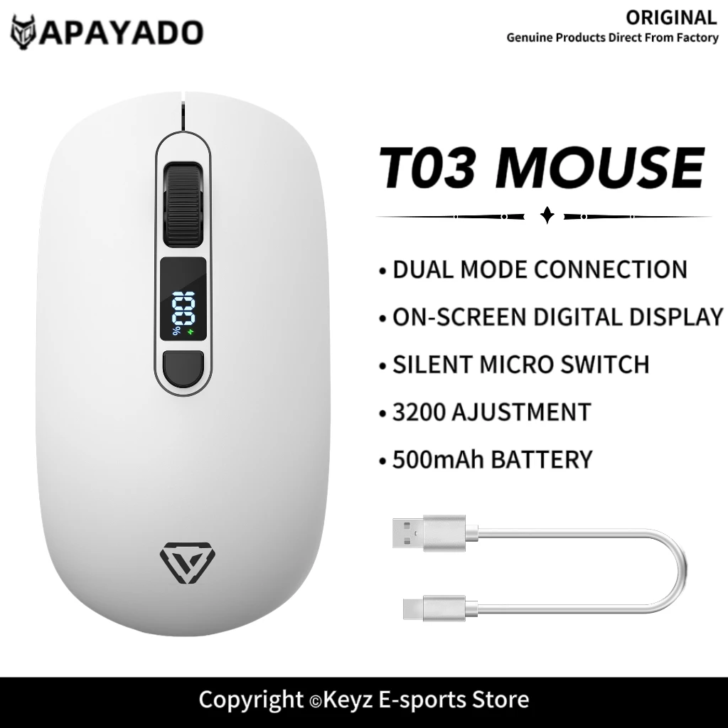 T03 Dual Mode Wireless Mouse 2.4G+BT Silent Micro Switch 4-Level DPI 500mAh Rechargeable Digital Display Office Gaming