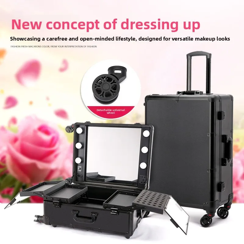 Aluminium Magnesium Alloy Adjustable LED Lighted Makeup Case Large Capacity Trolley Multifunction Mirror Onboard Vanity Box